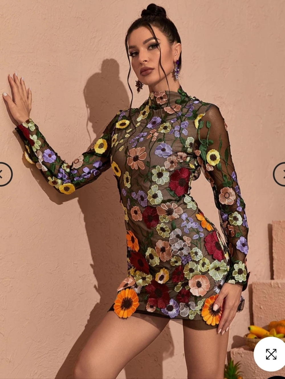 Mew Mews- "Saige" Long Sleeve Mesh Flower 3D Applique' Mini Dress - Picture 2 of 11